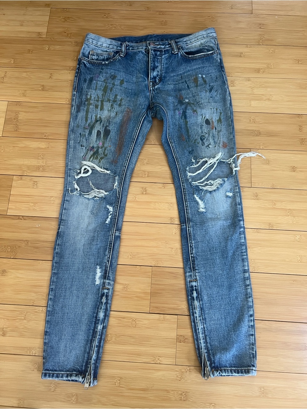 MNML M1 Paint Splatter Distressed Denim Jeans Men’s Size 33 Blue Skinny AnkleZip